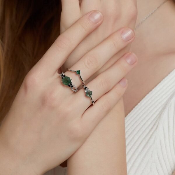 Hot Pick Geometry Natural Watercress Agate Stacking Ring S925 Silver with Green Moss Stone Pair Ring Wind - Image 4