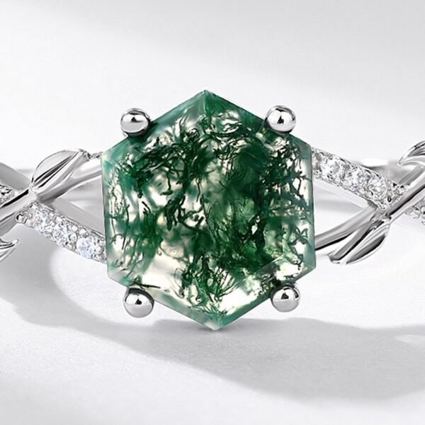 Hot Pick Geometry Natural Watercress Agate Ring Women's S925 Silver Inlaid Unique Green Moss Stone Finger Ring - Image 4