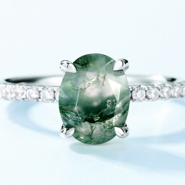 Hot pick simple natural watercress agate ring S925 silver claw inlay green moss light luxury fashion with a variety of - Image 4