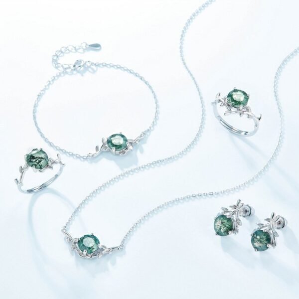 S925 Silver Green Moss Bracelet Natural Watercress Agate Vintage Hand Jewelry Style - Image 4