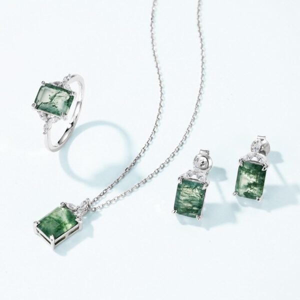 Geometric square natural watercress agate stone earrings female S925 silver with green moss stone earrings customized - Image 4