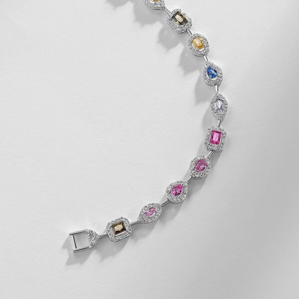 Geometric Design Rainbow Zirconia Bracelet Women's S925 Silver with Sparkling Multicolor Gemstone Hand Jewelry - Image 4