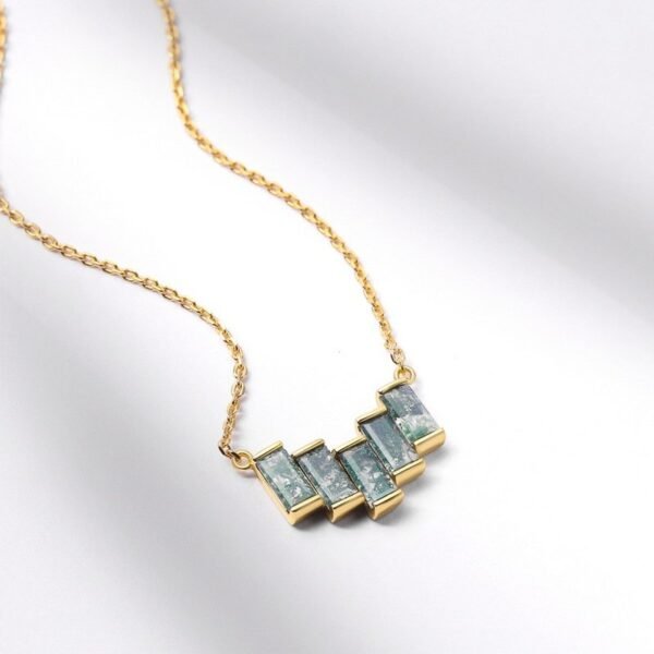 Rectangular V design green moss stone necklace S925 silver natural aqua agate collarbone chain customized - Image 4