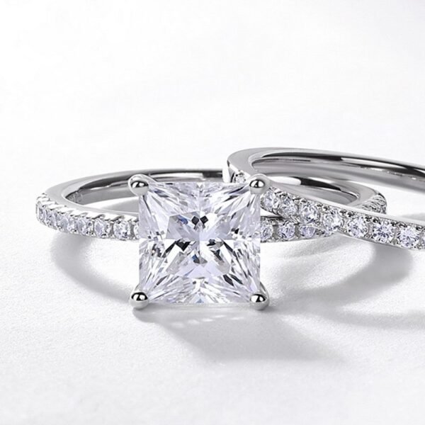 Brilliant princess square moissanite ring S925 silver inlaid sparkling moissan combination ring European and American style simple - Image 4