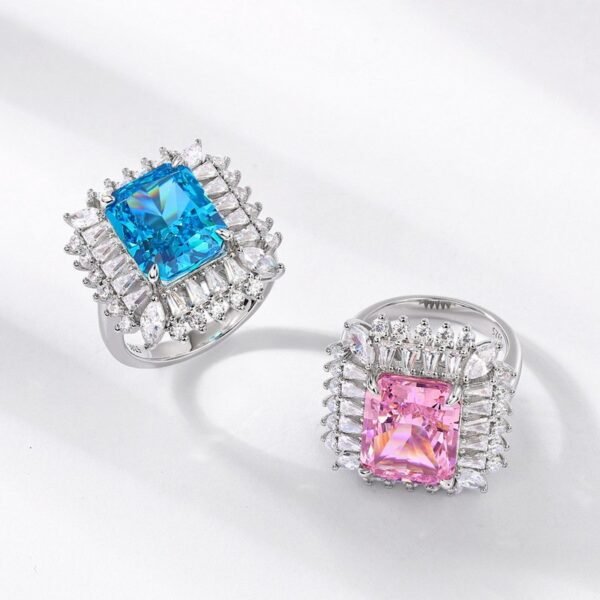 S925 Silver Ice Flower Cut High Carbon Diamond Ring White Zirconia Surrounded by Cube Sugar Colored Treasure Finger Ring Fashion - Image 4