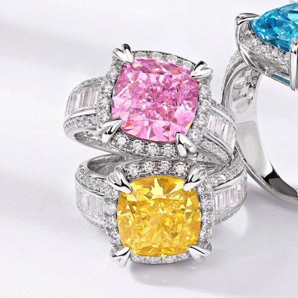 New S925 silver ring square ice flower cut high carbon diamond color treasure finger ring fashion style - Image 4