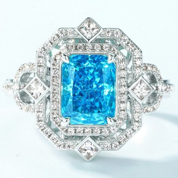 Light aquamarine high carbon diamond ring women S925 silver full set radiant color treasure finger ring fashion high-end - Image 4