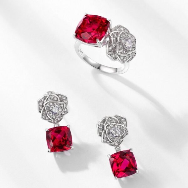 New S925 silver inlaid cultivation ruby earrings simulation rose flower earrings fashion light luxury style - Image 4