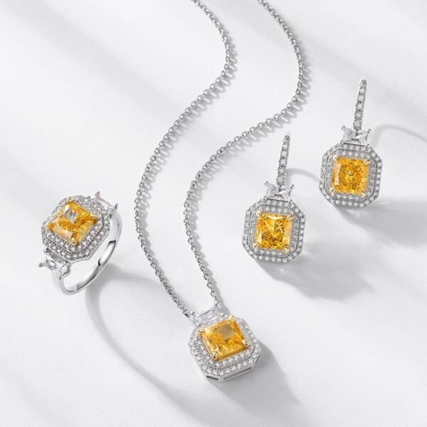 S925 silver ice flower cut high carbon diamond square collarbone chain light luxury fashion yellow diamond necklace neck jewelry - Image 4