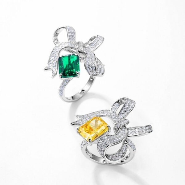 New S925 Silver Cultivated Emerald Ring Female Bow Wind Fashion High Feeling Jewelry - Image 4