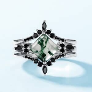 Geometric Natural Watercress Agate Ring S925 Silver with Green Moss Stone Stacking Ring One Multi Wear