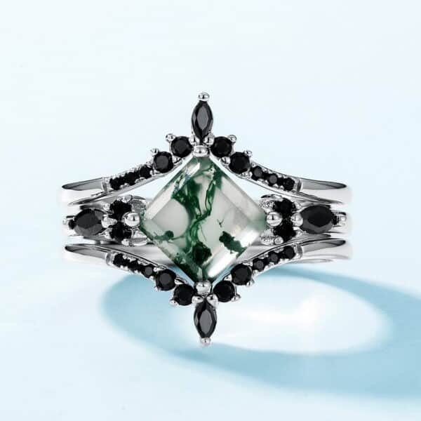 Geometric Natural Watercress Agate Ring S925 Silver with Green Moss Stone Stacking Ring One Multi Wear