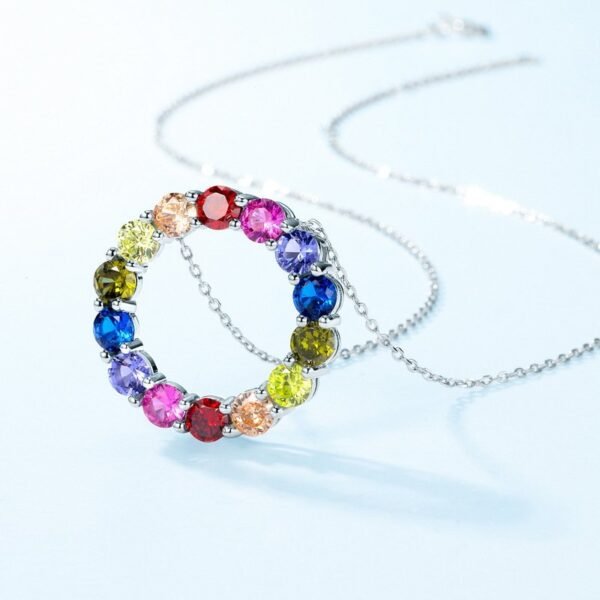 Hot models S925 silver colored zirconia necklace female full set round rainbow collarbone chain fashion light luxury - Image 4