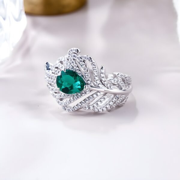 Light Luxury Feather Cultured Emerald Index Ring S925 Silver Setting Cultured Colored Treasure Ring Wind - Image 4