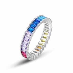 S925 silver rainbow zirconia ring women super flash square diamond colorful finger ring ins hip hop