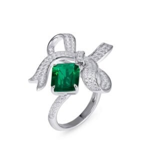 New S925 Silver Cultivated Emerald Ring Female Bow Wind Fashion High Feeling Jewelry