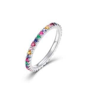 New S925 silver ring female rainbow simple multi-faceted color zirconium finger ring row ring light luxury niche spot