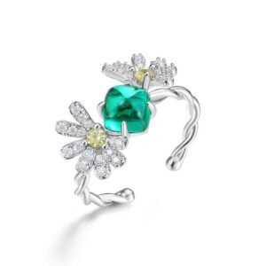 Petal vintage light luxury ring female S925 silver inlay cultivated emerald open ring fashion