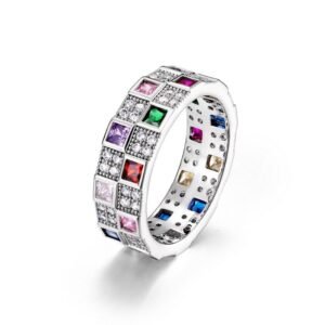 S925 Sterling Silver Delicate Rainbow Tessellations Inlaid Zirconia Ring INS Fashion Trend Index Finger Ring