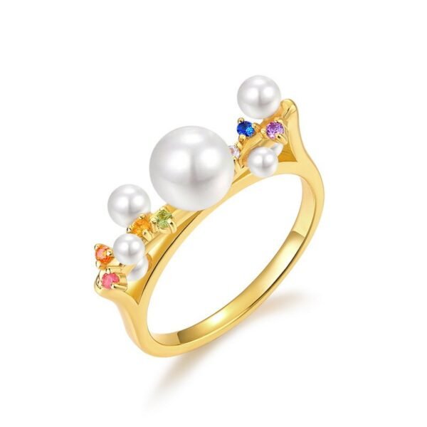 S925 silver plated 10k gold pearl ring women with color zirconia finger ring fashion simple spot