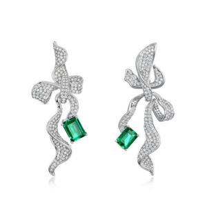 Bow long earrings S925 silver cultivated emerald removable three wear earrings light luxury