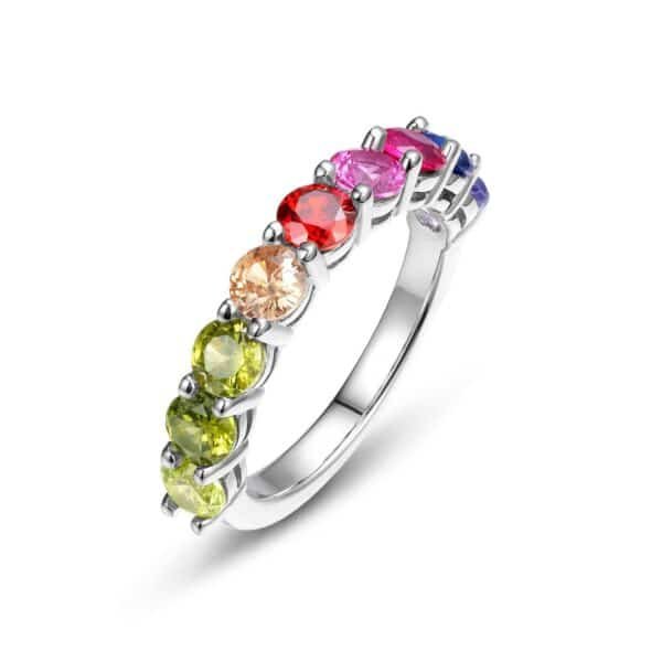 Round rainbow ring for women with diamonds colorful zirconia finger ring light luxury fashion personalized design