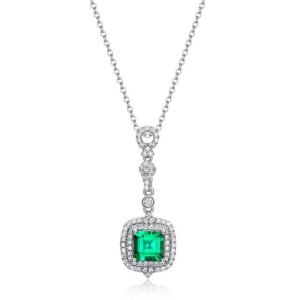 New S925 Silver Cultivated Emerald Pendant Female Vintage Style Pendant Necklace In Stock