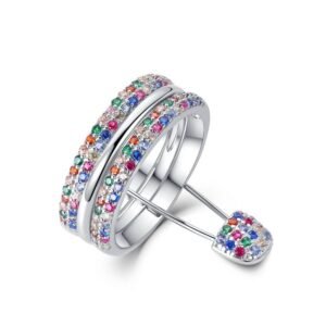 Double rows of colored zirconia stacking ring women S925 silver with rainbow zirconia ring brooch two wear style