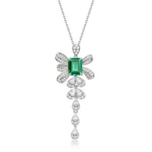 Bow Long Cultured Emerald Necklace S925 Silver with Cultured Colored Treasure Light Luxury Chain Breeze
