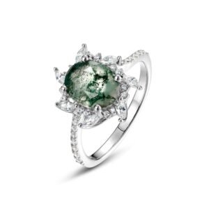 New S925 silver green moss ring women watercress agate finger ring fashion light luxury style