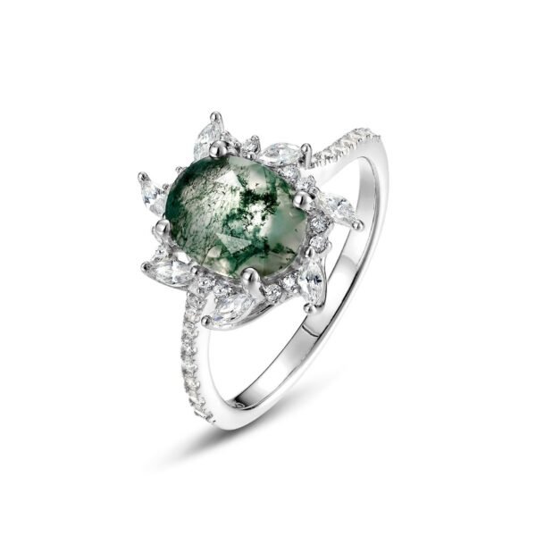 New S925 silver green moss ring women watercress agate finger ring fashion light luxury style