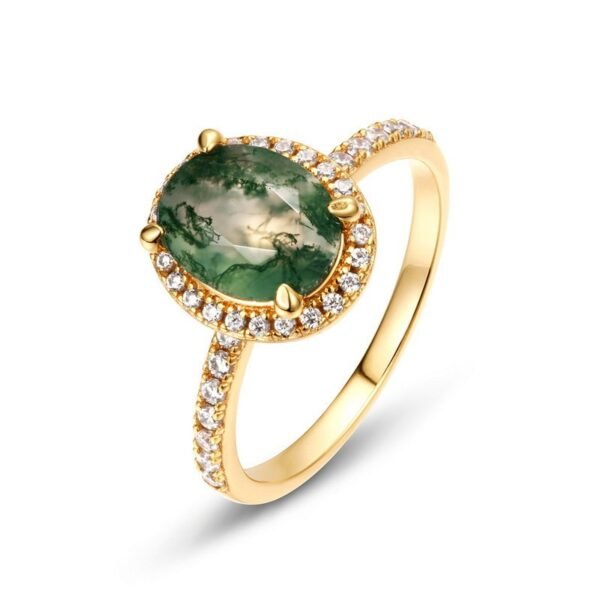Indie S925 Silver Green Moss Ring Watercress Agate Finger Ring Noble Light Luxury