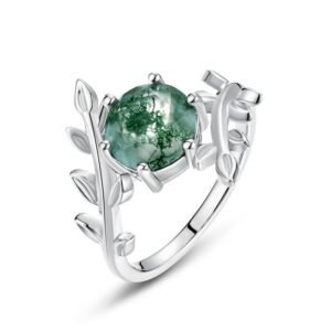 Natural watercolor agate index finger ring for women S925 silver with green moss stone olive branch ring customized