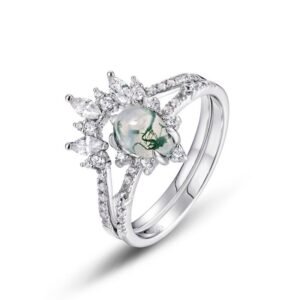 S925 Silver Watercress Agate Ring Pear Shape Green Moss Stacked Finger Ring Light Style