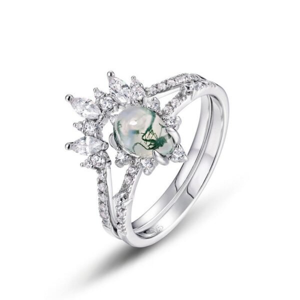 S925 Silver Watercress Agate Ring Pear Shape Green Moss Stacked Finger Ring Light Style