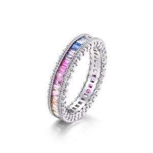 Rainbow zirconia ring women S925 sterling silver single row full set colorful treasure finger ring