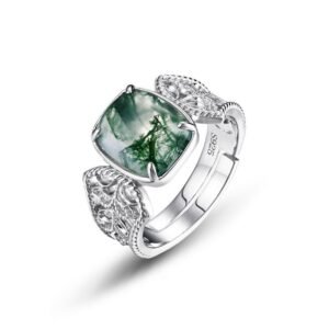 S925 silver green moss open ring women watercress agate finger ring light luxury fashion