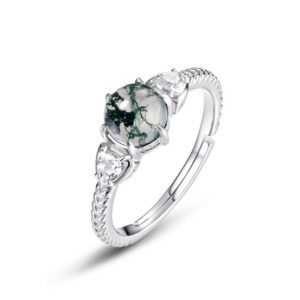 S925 Silver Green Moss Ring Six Claw Set Aqua Agate Open Finger Ring Fashion