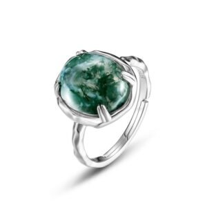 S925 Silver Green Moss Ring Women's Four Claw Setting Watercress Agate Finger Ring Vintage