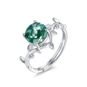 Watercress Agate Ring Women S925 Silver Natural Green Moss Open Finger Ring Vintage