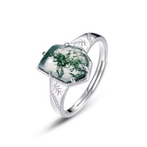 Green Moss Ring Women S925 Silver Geometric Watercress Agate Open Finger Ring Vintage