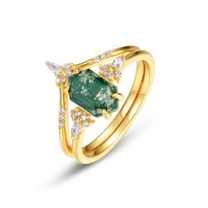 Unique Green Moss Stone Stacking Ring S925 Silver with Geometric Watercress Agate Combo Ring