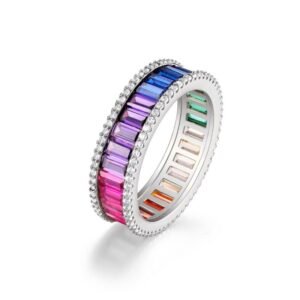 Rainbow zirconia ring men and women S925 single row around set colorful treasure ring fashion personality