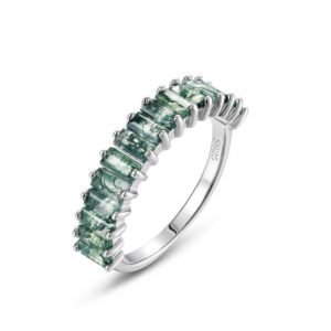 Single row trapezoidal green moss stone ring women S925 silver with natural watercress agate index ring