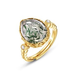 Water drop natural green moss stone ring S925 silver with aqua agate finger ring light luxury fashion