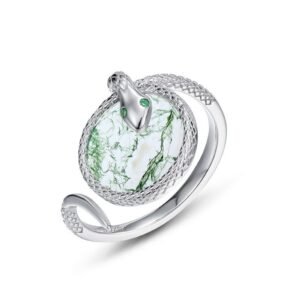 Hot Pick Personalized Spirit Snake Coiled Green Moss Stone Ring S925 Silver Natural Watercress Agate Index Ring