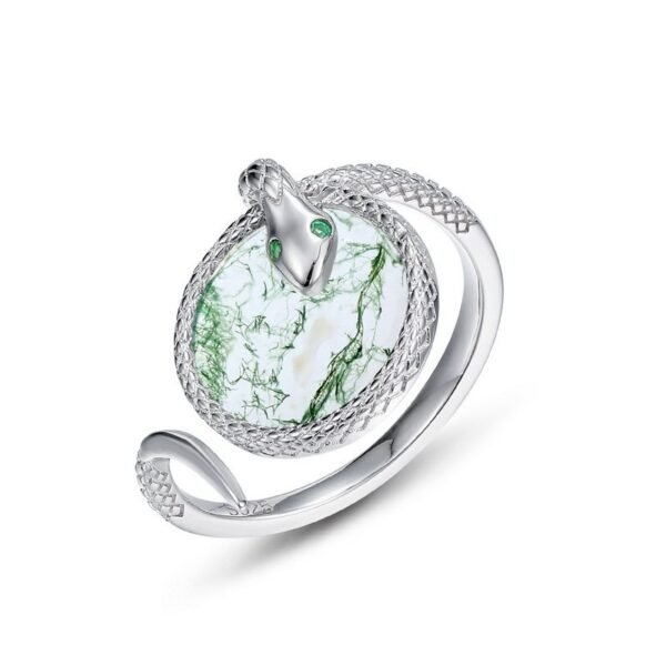 Hot Pick Personalized Spirit Snake Coiled Green Moss Stone Ring S925 Silver Natural Watercress Agate Index Ring