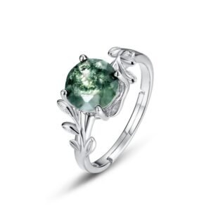 Explosive sale S925 silver green moss ring watercress agate stone finger ring unique elegant temperament style