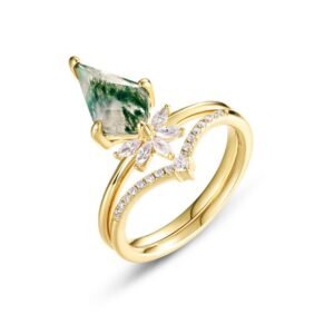 Crown Stacking Natural Green Moss Stone Ring S925 Silver Watercress Agate Combo Ring Light Luxury Style