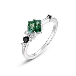 Light luxury fashion natural watercress agate ring women S925 silver with green moss stone index ring customized
